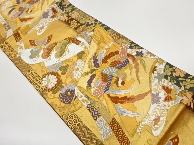 誰が袖に鳳凰・蝶・草花模様織出し袋帯